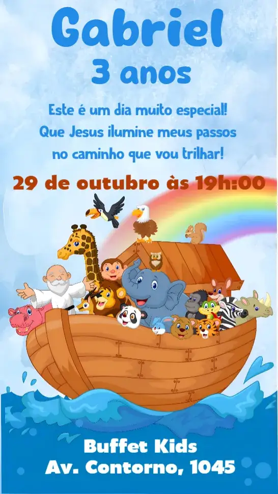 Convite Arca de Noé – tema Aniversário Infantil colorido, lúdico, animais, aquarela, divertido