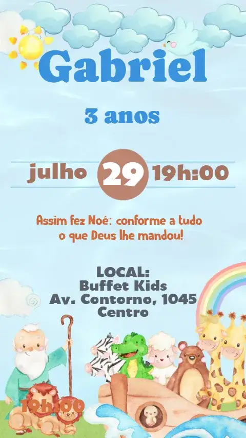 Convite Arca de Noé – tema Aniversário Infantil colorido, lúdico, ilustrações de animais, natureza, divertido