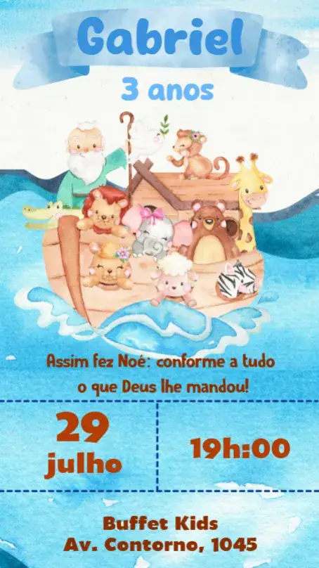 Invitation Noah's Ark Watercolor – Kids' Birthday Party theme aquarela, colorful, playful, animals, childlike, themed