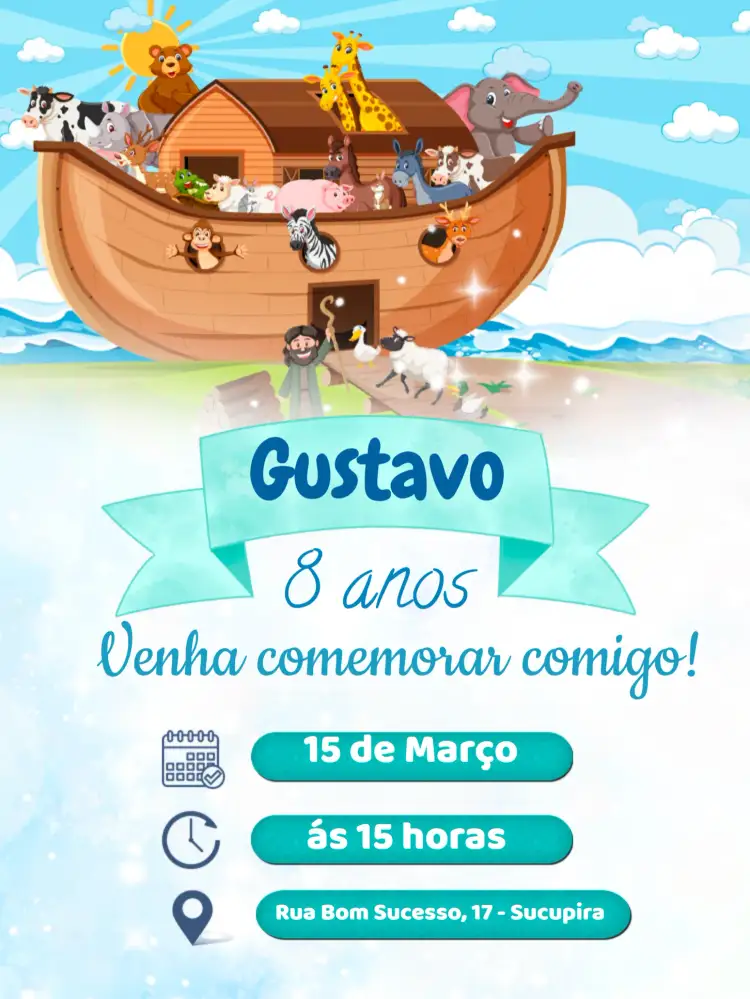 Convite Arca De Noé – tema Aniversário Infantil colorido, lúdico, animal, temático, divertido