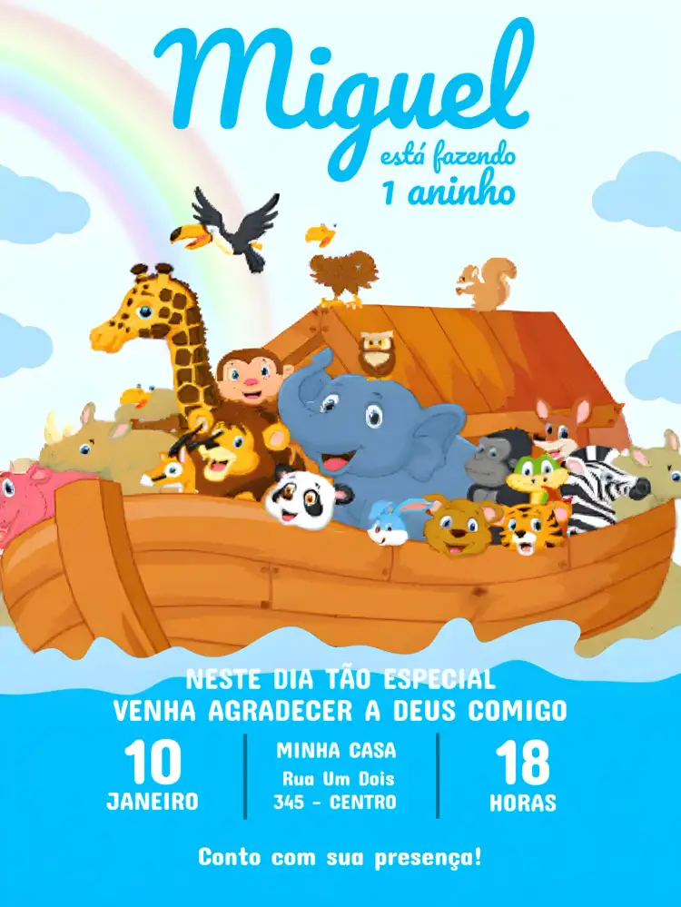 Convite Arca De Noé Festa – tema Chá de Panela animais, azul, divertido, infantil, temático