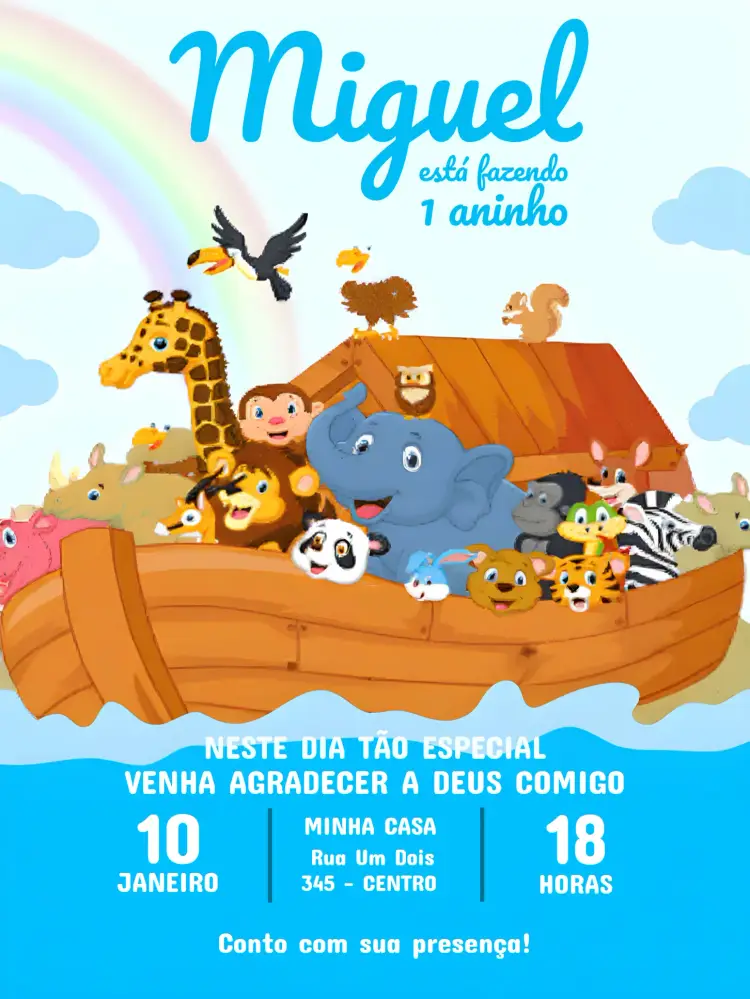 Convite Arca De Noé Festa editável e personalizável