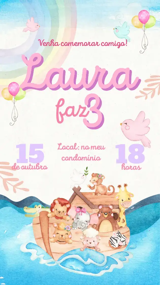 Convite Arca de Noé rosa – tema Aniversário Infantil rosa, aquarela, infantil, animais, delicado, temático