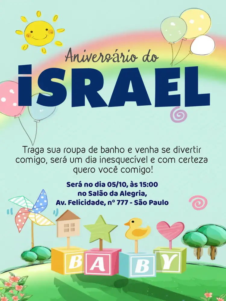 Convite Arco Íris Infantil Bebê – tema Aniversário Infantil colorido, brincalhão, ilustrações infantis, moderno, divertido, fantasia