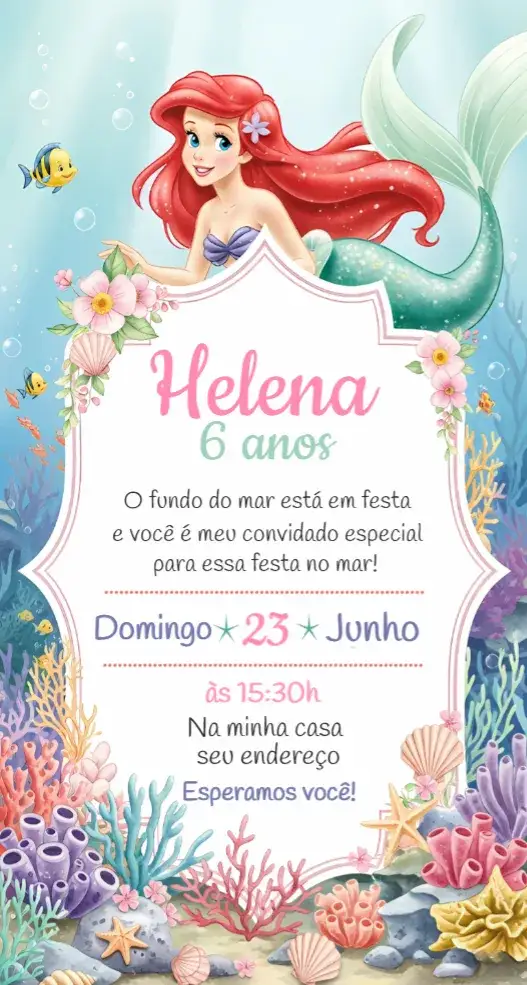 Convite Ariel – tema Aniversário marinho, colorido, fantasia, princesa, divertido