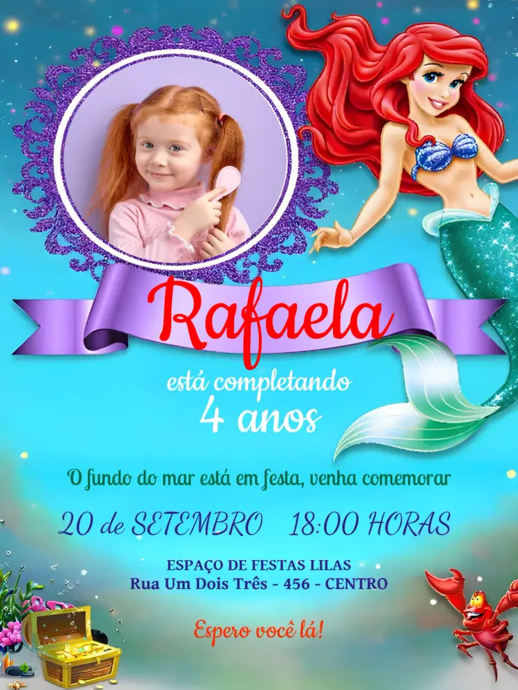 Convite Ariel A Pequena Sereia Com Foto Colorido