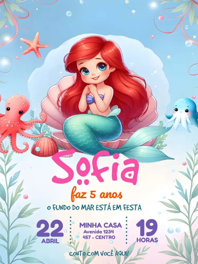 Convite Ariel A Pequena Sereia Menina