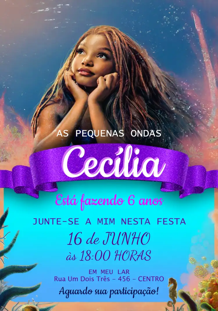 Convite Ariel A Pequena Sereia Negra Roxo – tema Mais pesquisados roxo, fundo do mar, colorido, fantasia, infantil