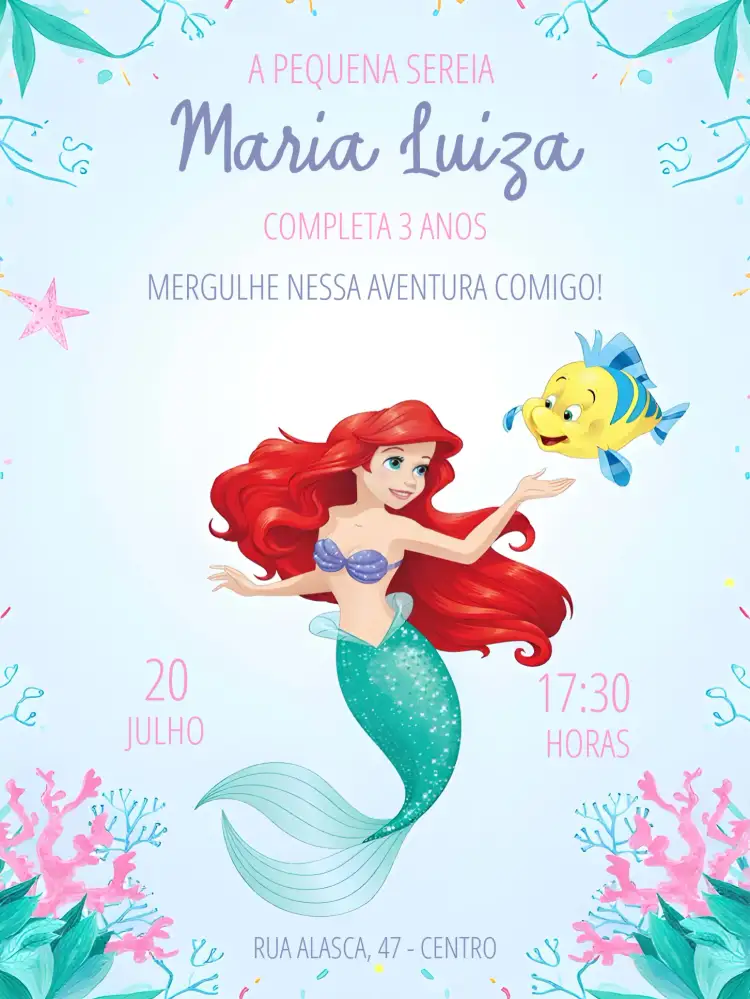 Convite Ariel Infantil – tema Mais pesquisados cores vibrantes, tema marinho, estilo lúdico, elementos gráficos de sereia, design encantador, ambiente subaquático