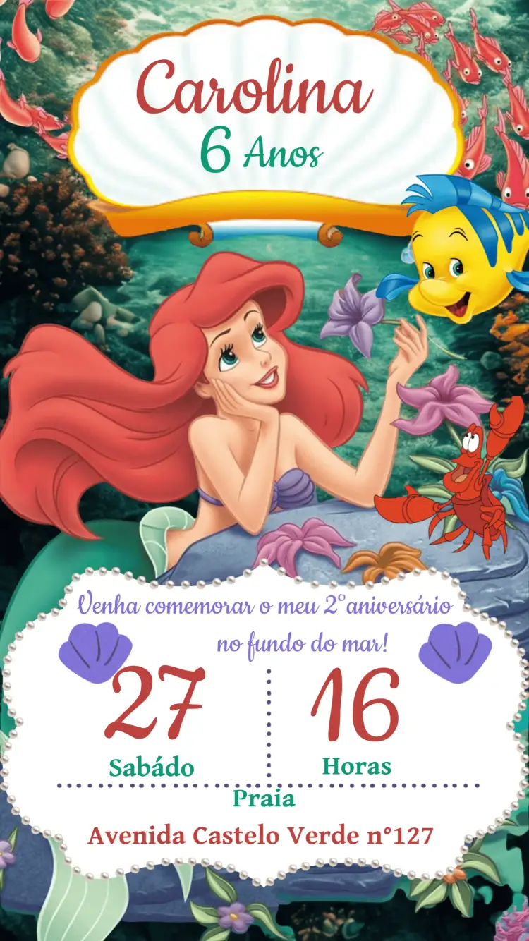 Convite Ariel Pequena Sereia Princesa – tema Mais pesquisados fundo do mar, colorido, fantasia, marinho, inspirado na Disney, divertido