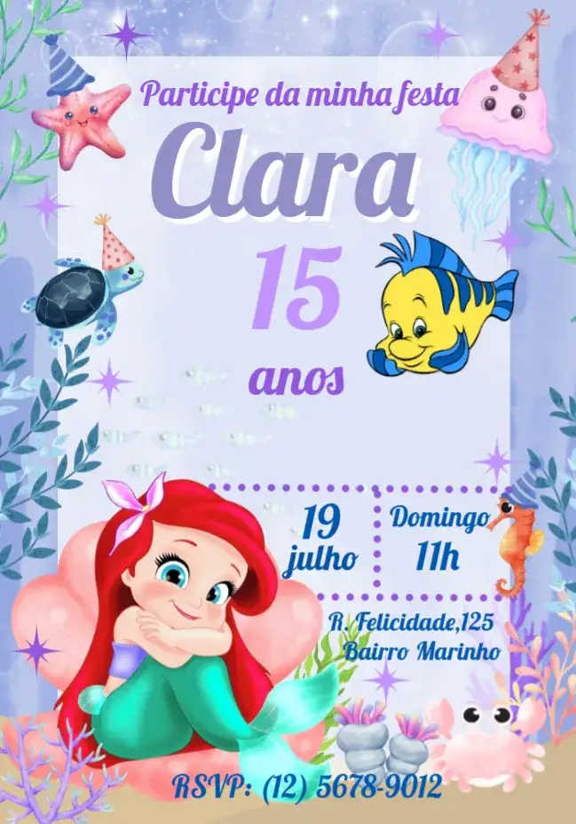 Convite Ariel Pequena Sereia Sebastian – tema Aniversário Infantil lilás, colorido, Disney, marinho, infantil, fundo do mar