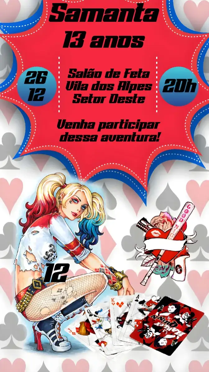 Convite Arlequina – tema Aniversário cores vibrantes, estilo gráfico ousado, elementos de quadrinhos, inspirado em super-heróis, design divertido