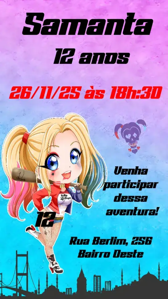 Convite Arlequina – tema Aniversário colorido, divertido, temático, lúdico, moderno, jovial