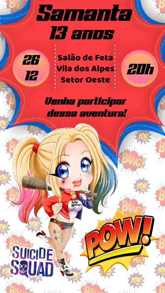 Convite Arlequina – tema Aniversário colorido, lúdico, divertido, moderno, infantil, temático