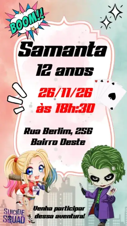 Invitation Arlequina – Aniversário Infantil theme colorido, divertido, temático, moderno, jovial