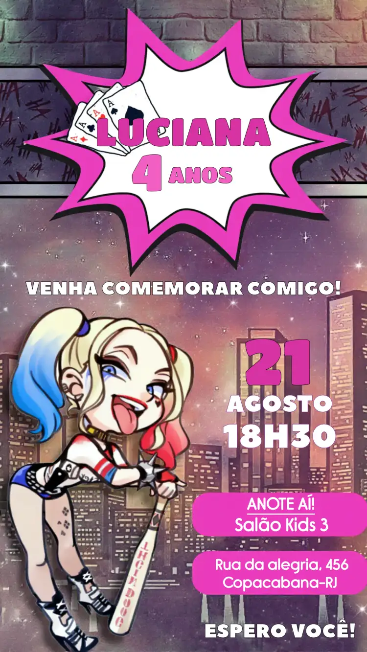 Convite Arlequina Alerquina – tema Aniversário Infantil colorido, divertido, cartoon, moderno, jovial