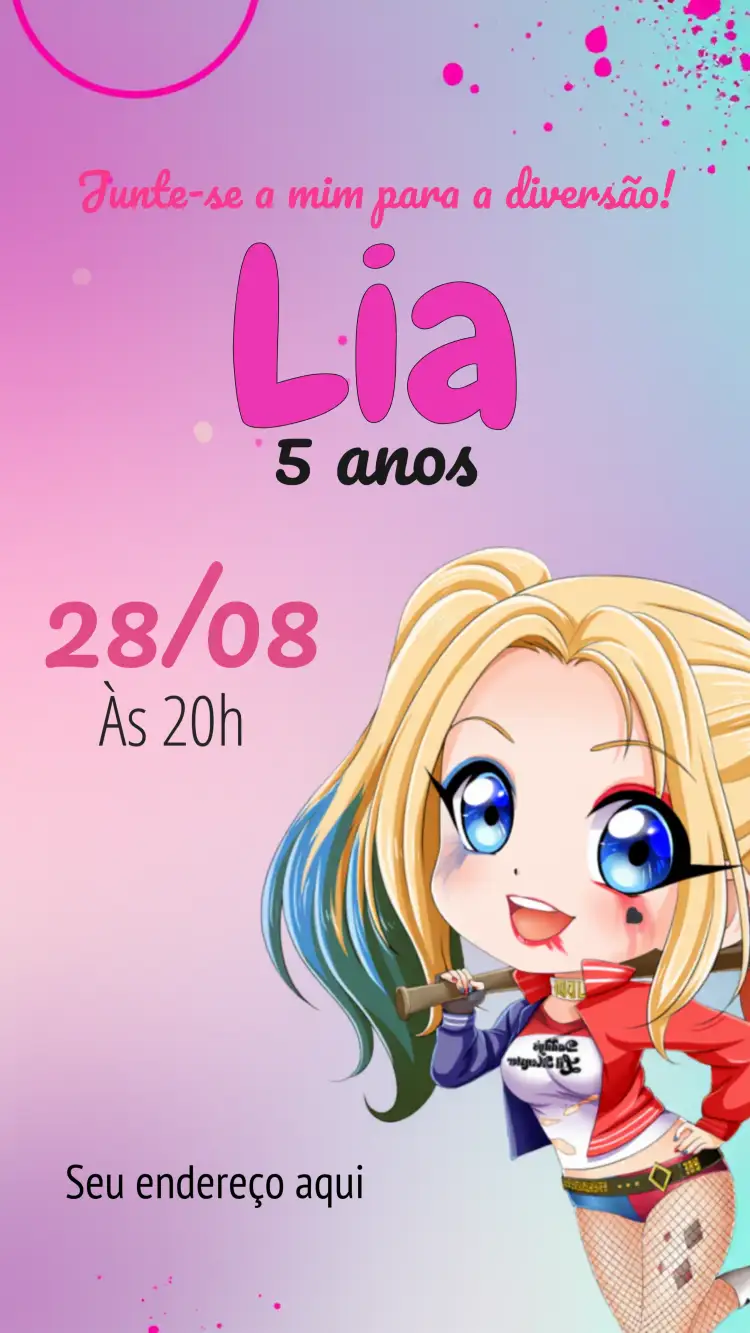 Convite Arlequina Alerquina – tema Aniversário Infantil colorido, divertido, temático, moderno, rosa, jovial