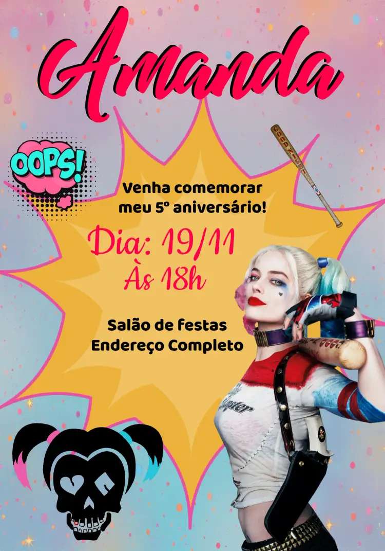 Convite Arlequina Azul – tema Aniversário Infantil azul, rosa, divertido, infantil, temático, colorido