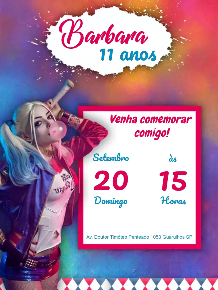 Convite Arlequina Colorido – tema Aniversário Infantil colorido, divertido, temática de super-heróis, infantil, moderno