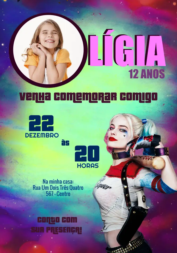 Convite Arlequina Com Foto Alerquina – tema Aniversário Infantil colorido, divertido, quadrinhos, pop art, temático, moderno