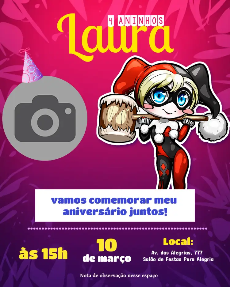 Convite Arlequina Com Foto Alice