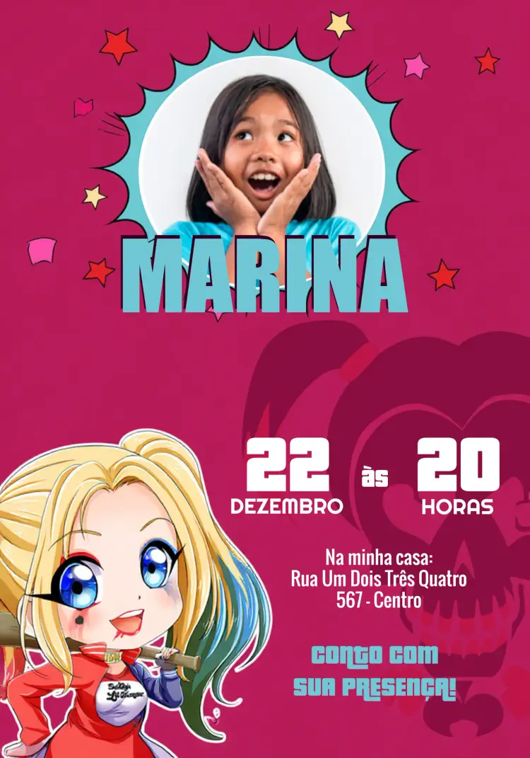 Convite Arlequina Com Foto Branco