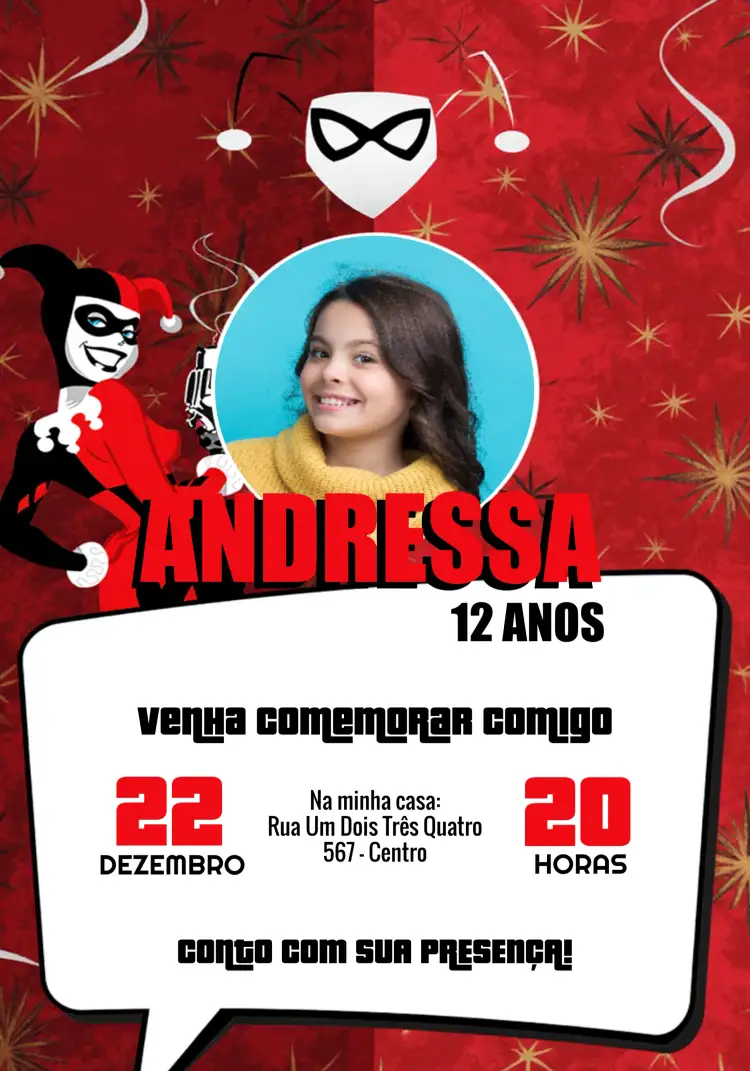 Convite Arlequina Com Foto Branco – tema Aniversário Infantil moderno, divertido, colorido, temático, quadrinhos