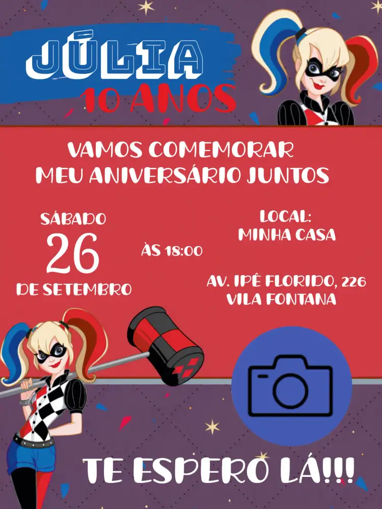 Convite Arlequina Com Foto Coringa – tema Aniversário Infantil colorido, temático, divertido, moderno, infantil, alegre