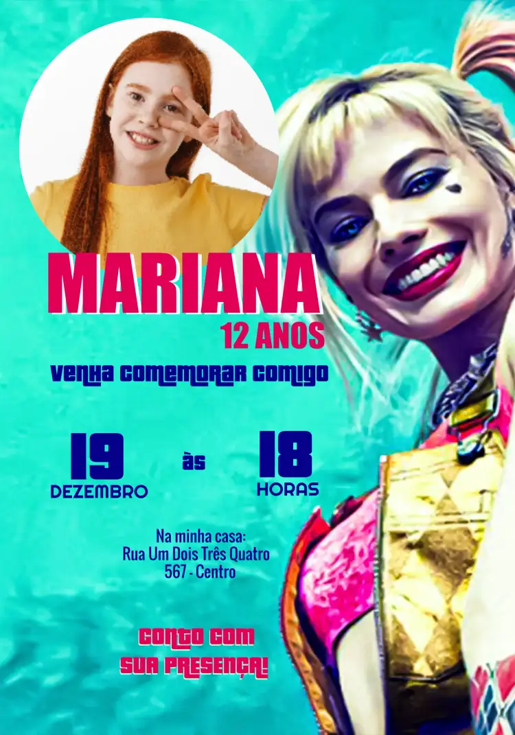 Convite Arlequina Com Foto Filme – tema Aniversário Infantil cores vibrantes, estilo quadrinhos, elementos gráficos de heróis, design moderno, estética divertida, temática de super-heróis