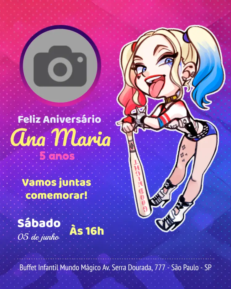 Convite Arlequina Com Foto Harley – tema Aniversário Infantil colorido, fantasia, anime, moderno, divertido