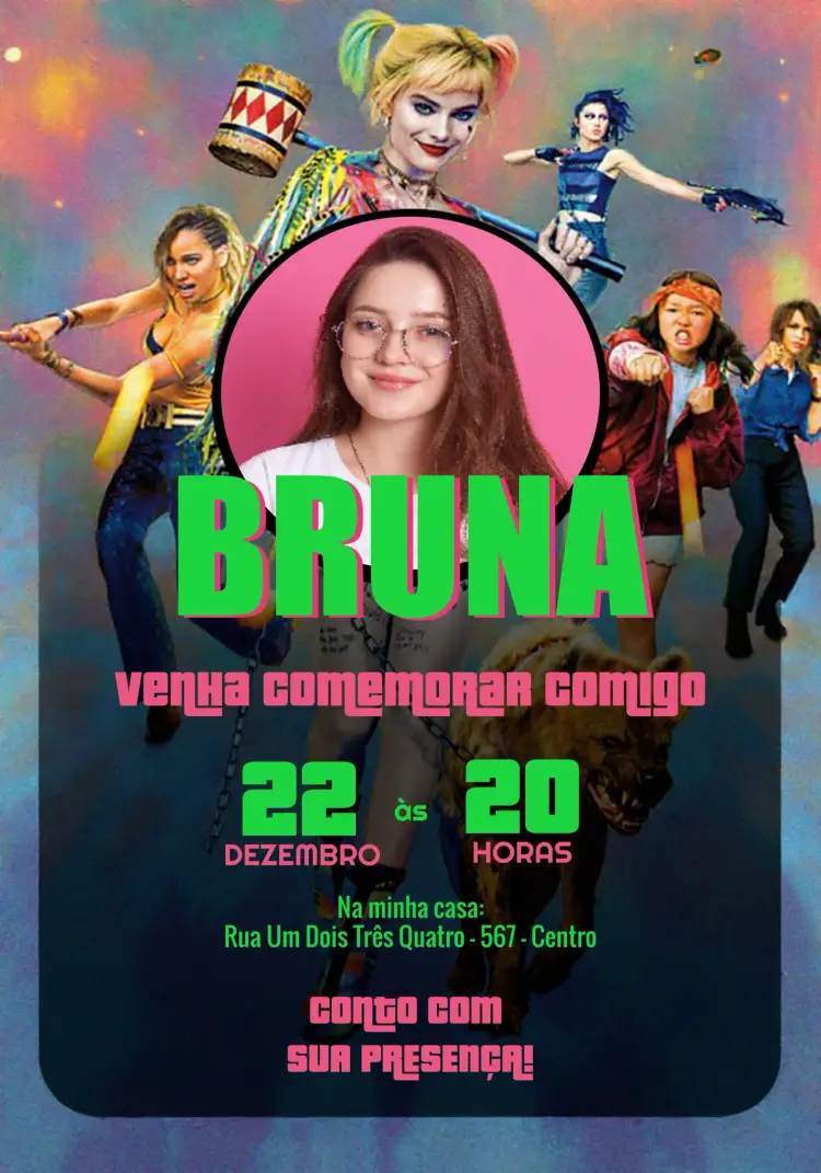 Convite Arlequina Com Foto Heróis