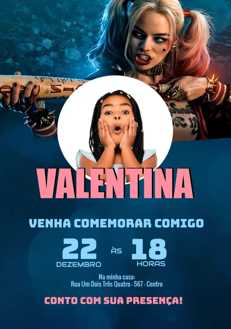 Convite Arlequina Com Foto Quadrinhos