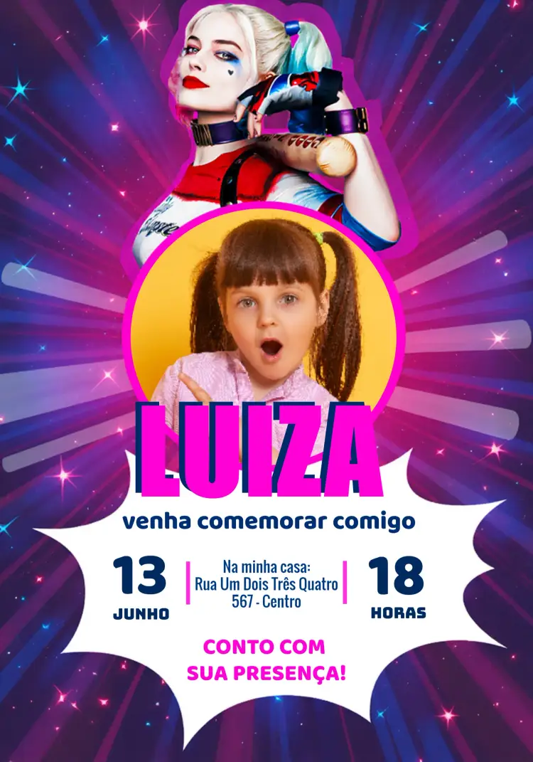 Convite Arlequina Com Foto Quadrinhos