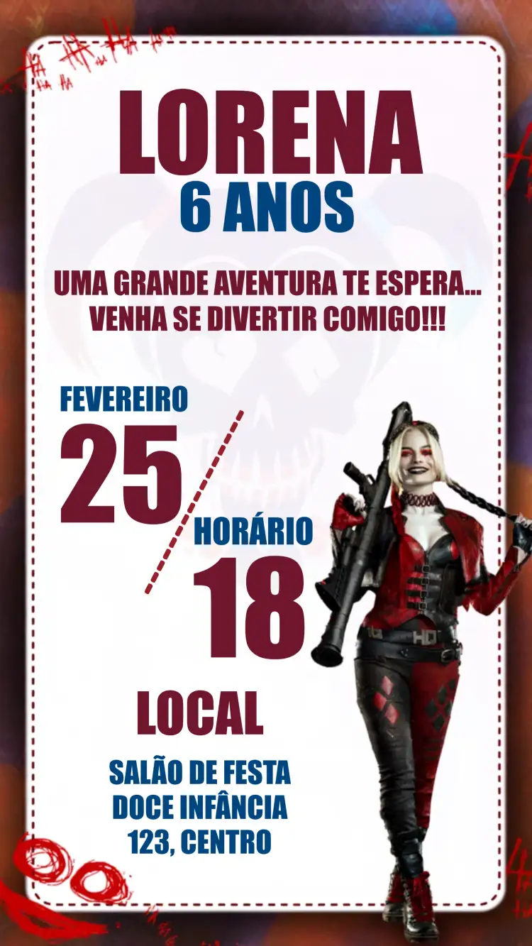 Convite Arlequina Coringa – tema Aniversário Infantil colorido, divertido, quadrinhos, moderno, jovial
