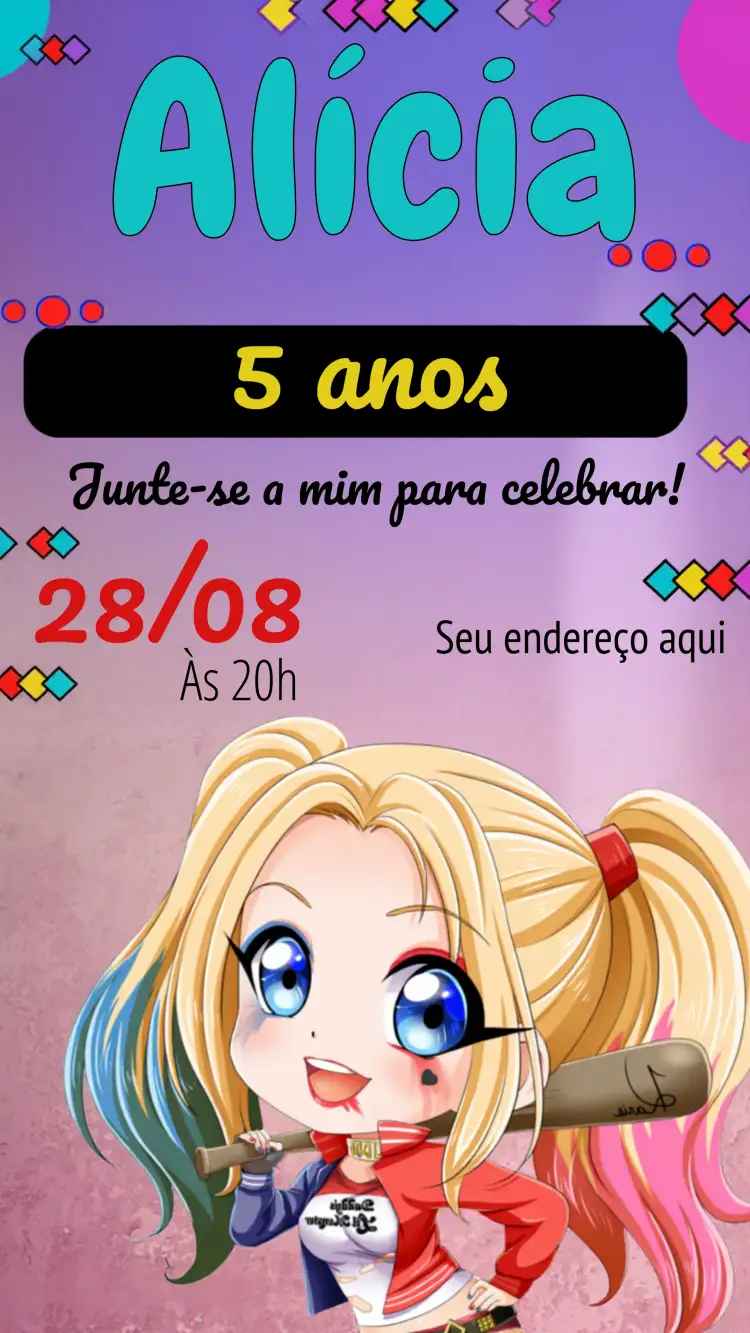 Convite Arlequina Coringa – tema Aniversário Infantil colorido, divertido, temático, moderno, jovial