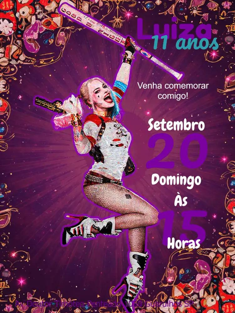 Convite Arlequina Endereço – tema Aniversário Infantil temático, colorido, divertido, jovial, moderno