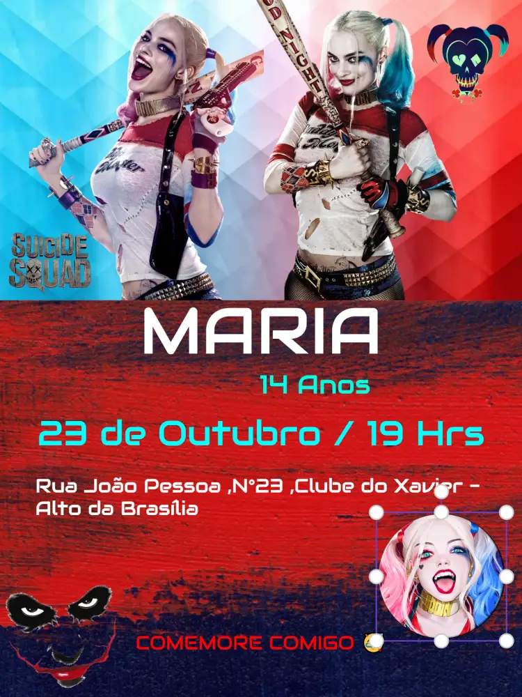 Convite Arlequina Esquadrão Suicida Comics – tema Aniversário Infantil vibrante, colorido, temático, divertido, moderno