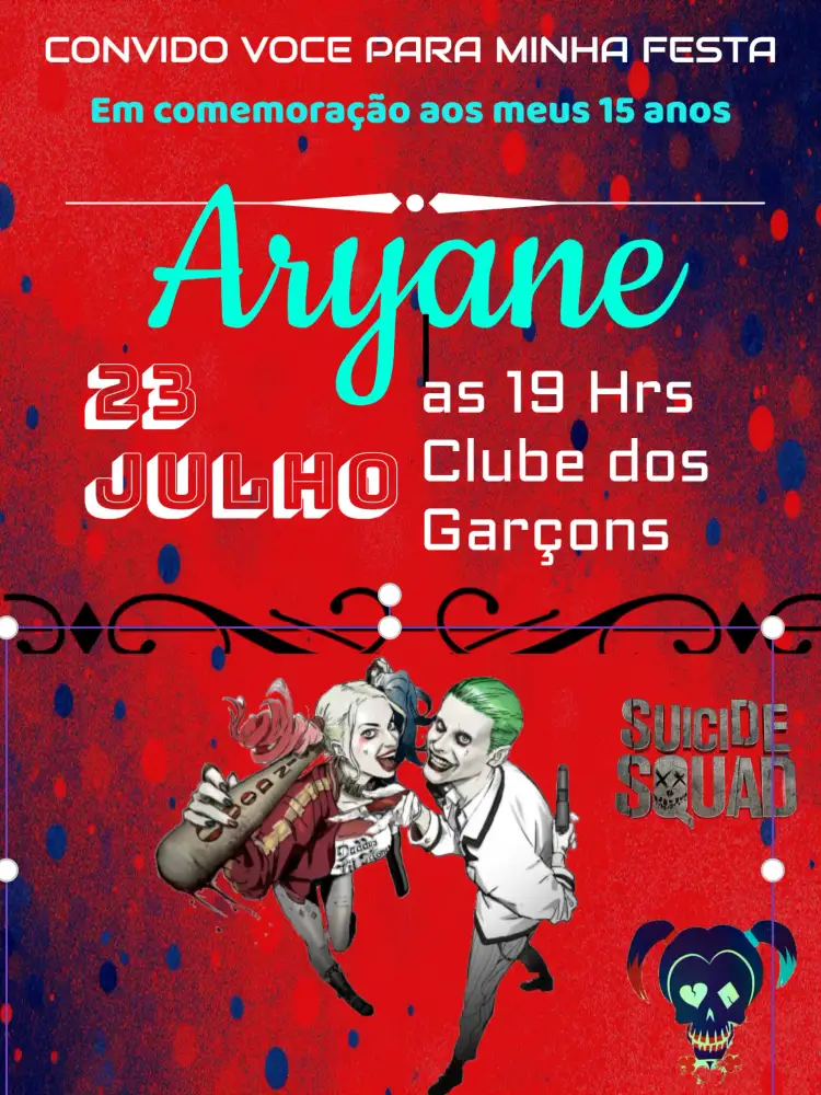 Convite Arlequina Esquadrão Suicida Comics – tema Aniversário Infantil colorido, quadrinhos, super-heróis, temático, vibrante