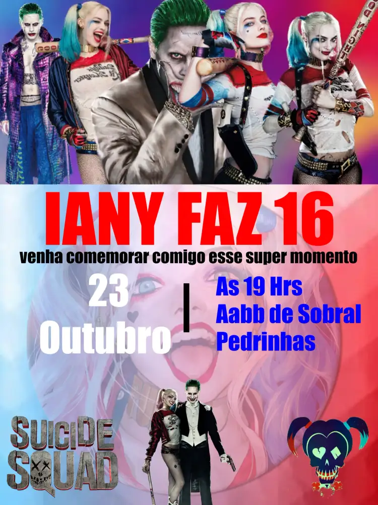 Convite Arlequina Esquadrão Suicida Verde – tema Aniversário Infantil colorido, moderno, temático, vibrante, pop art