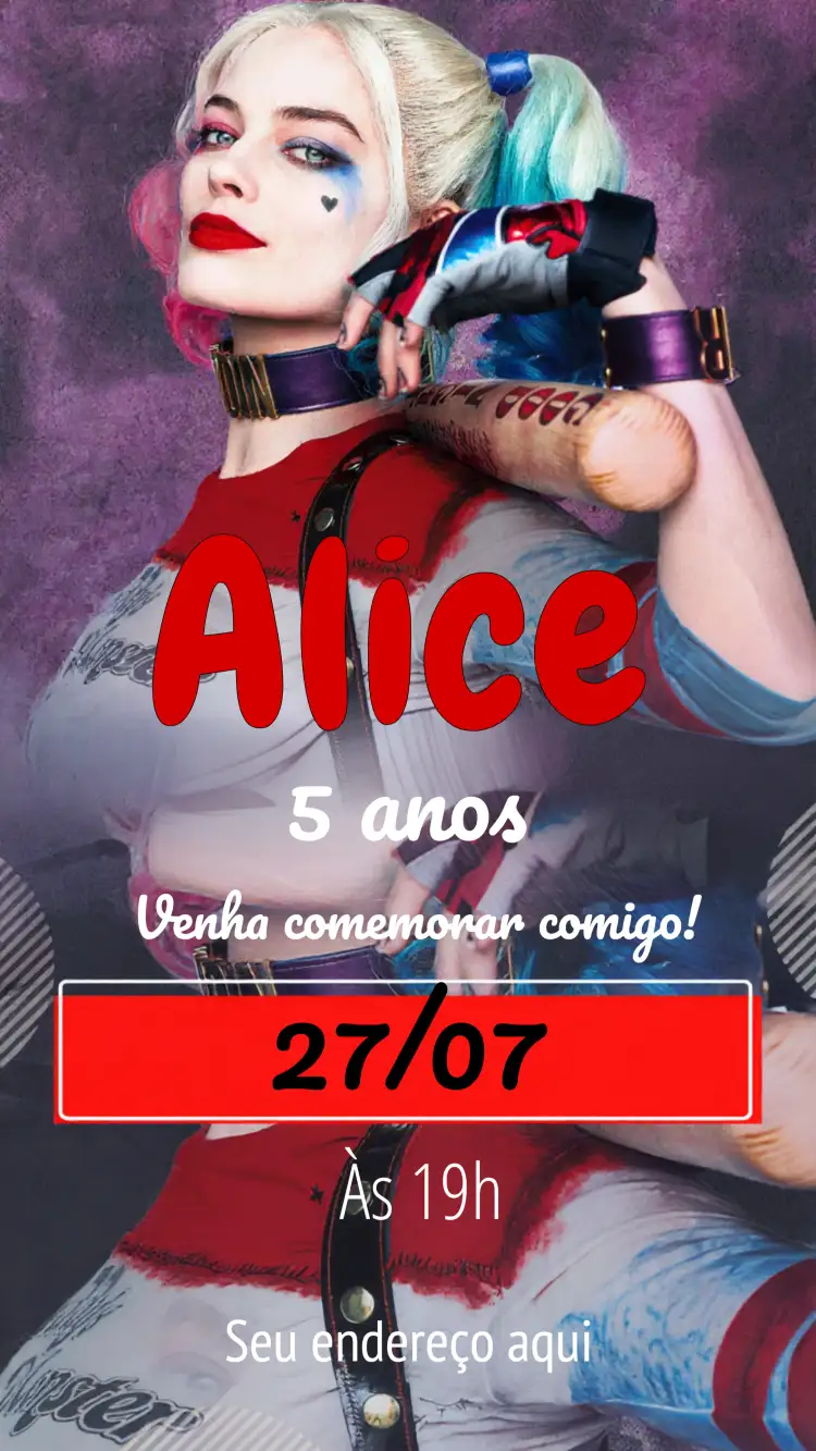 Convite Arlequina Harley – tema Aniversário Infantil colorido, divertido, temática de quadrinhos, vibrante, moderno