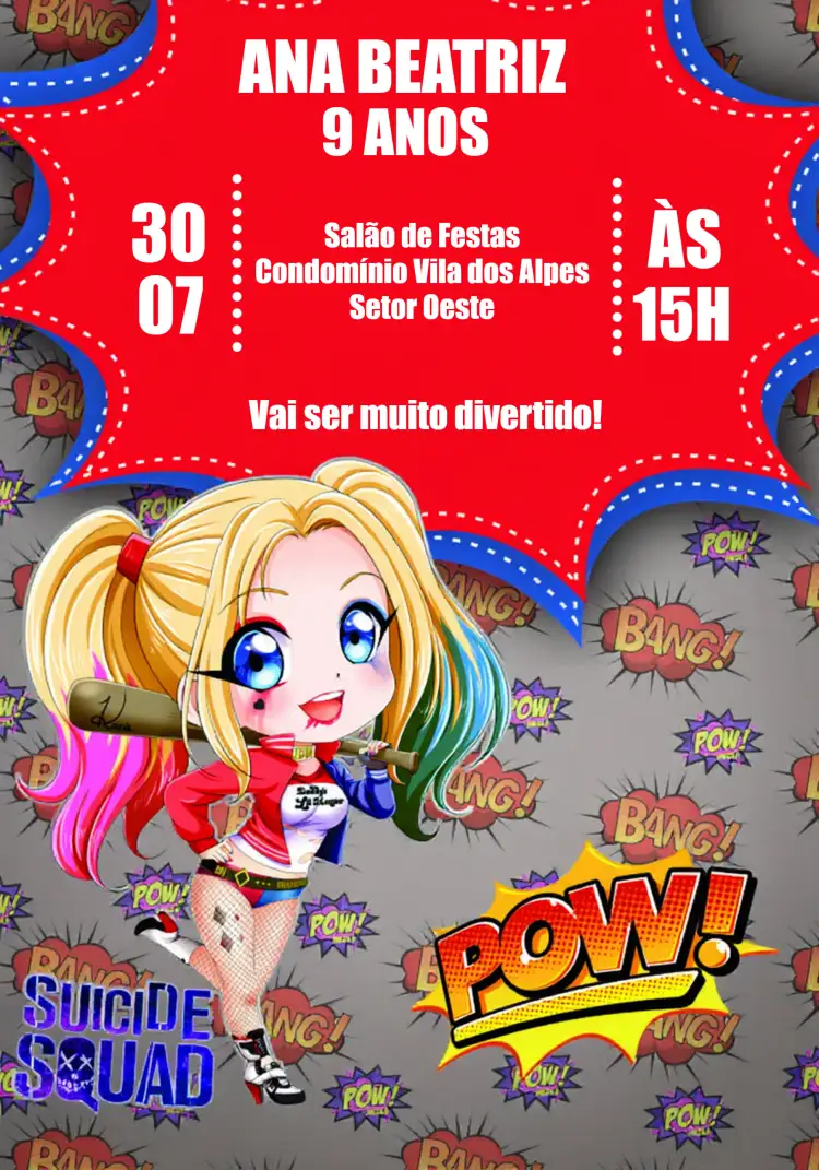 Convite Arlequina Logos – tema Aniversário Infantil colorido, divertido, temático, moderno, jovial