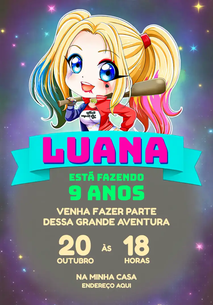 Convite Arlequina Quadrinhos – tema Aniversário Infantil quadrinhos, carnaval, colorido, divertido, jovial