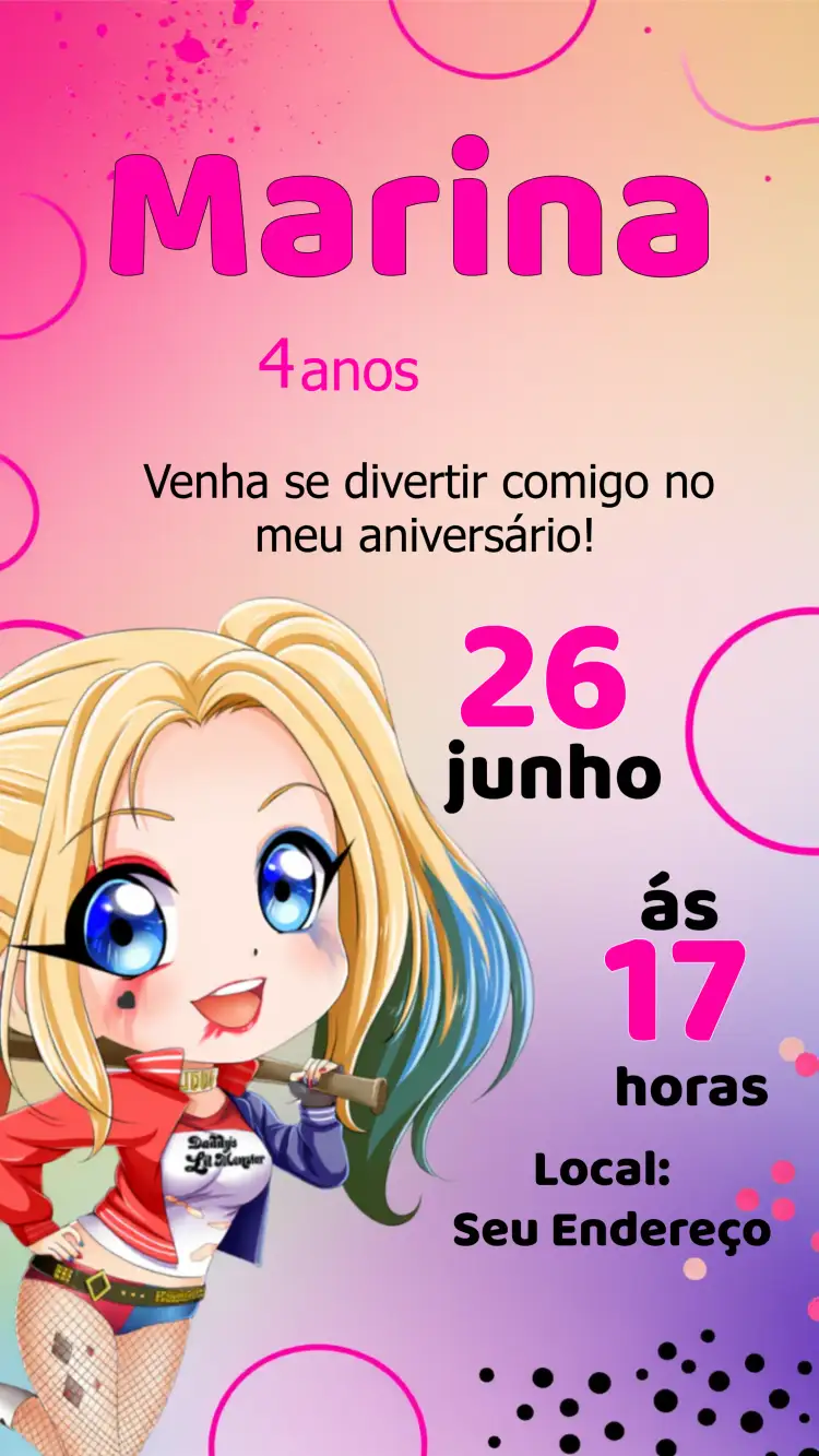 Convite Arlequina Quinn – tema Aniversário Infantil rosa, temática de quadrinhos, divertido, moderno, colorido