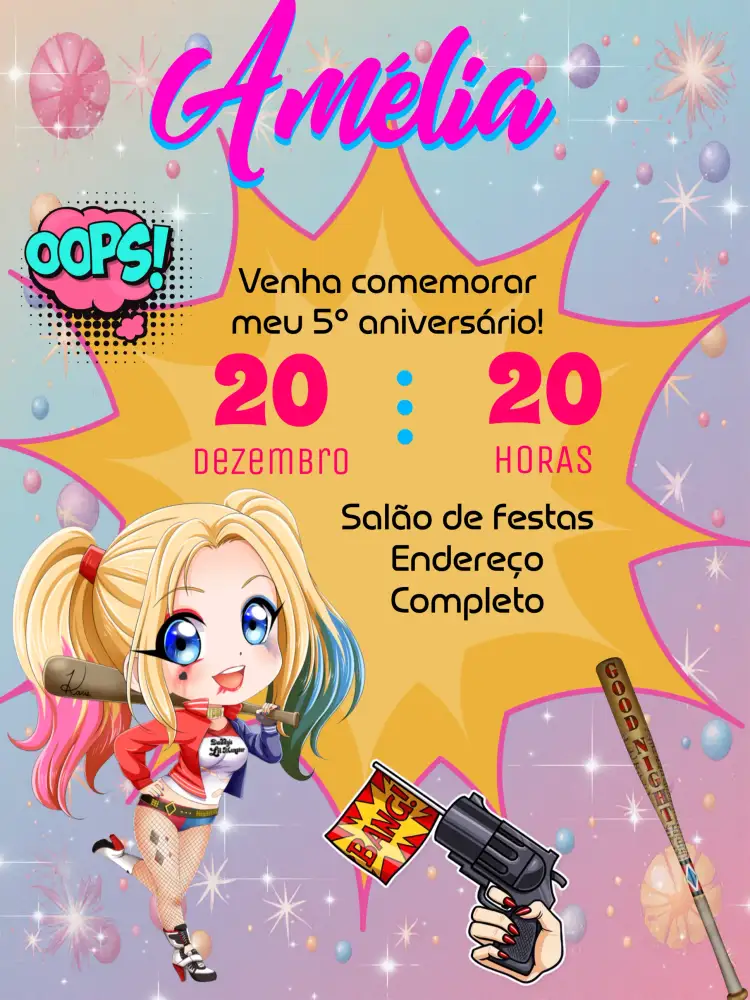 Convite Arlequina Rosa – tema Aniversário Infantil divertido, colorido, moderno, lúdico, temático