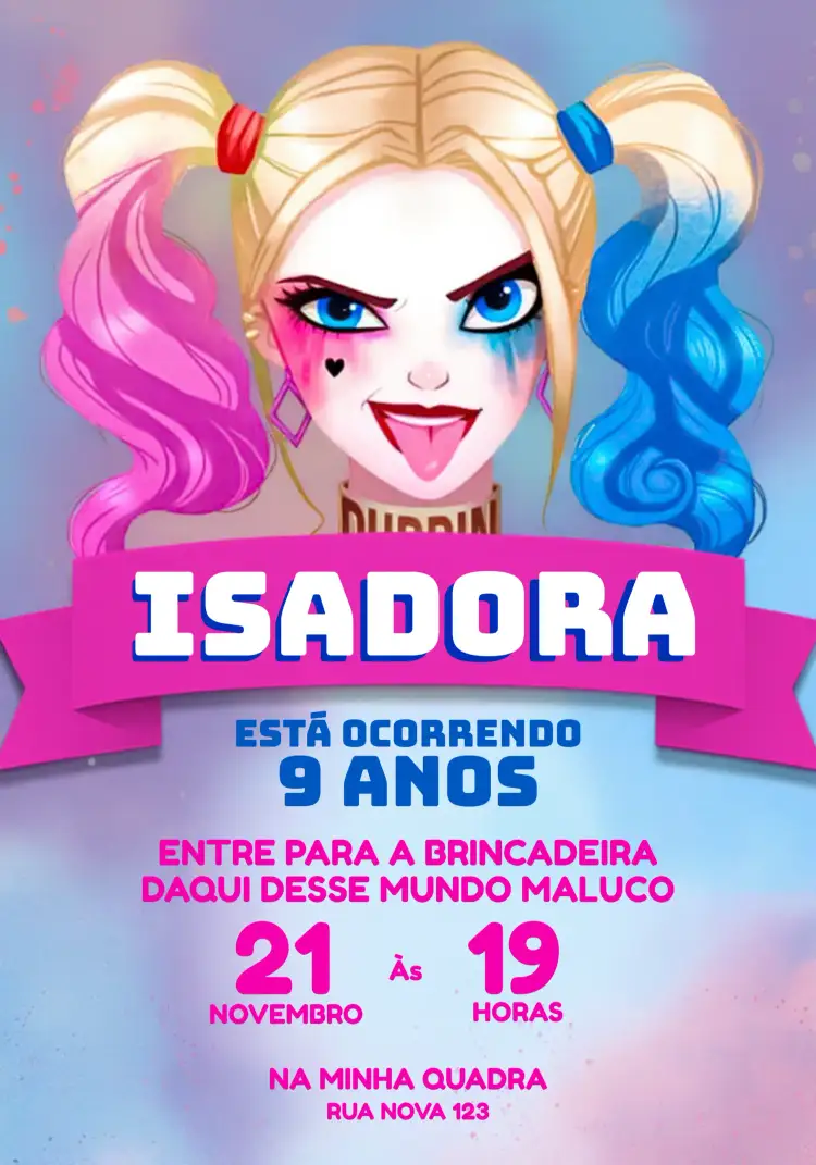 Convite Arlequina Rosa – tema Aniversário Infantil colorido, moderno, quadrinhos, divertido, infantil, temático