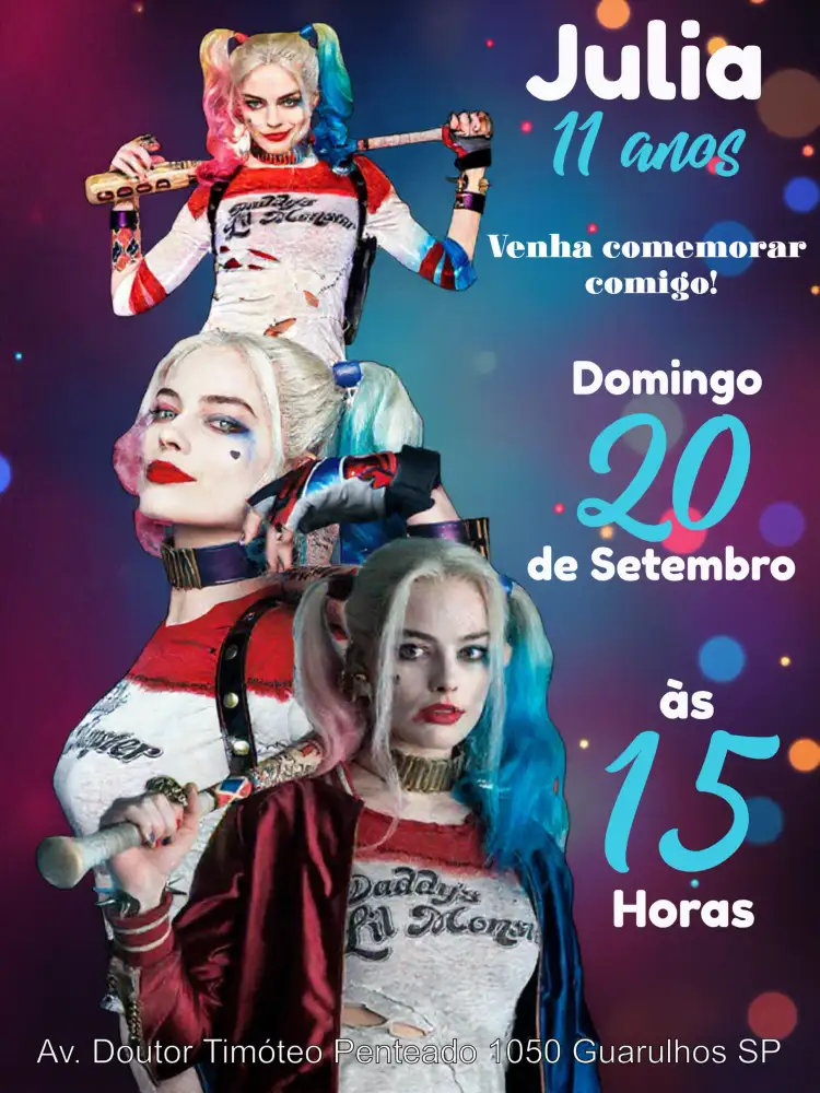 Convite Arlequina Rosa – tema Aniversário Infantil rosa, azul, branco, divertido, temático