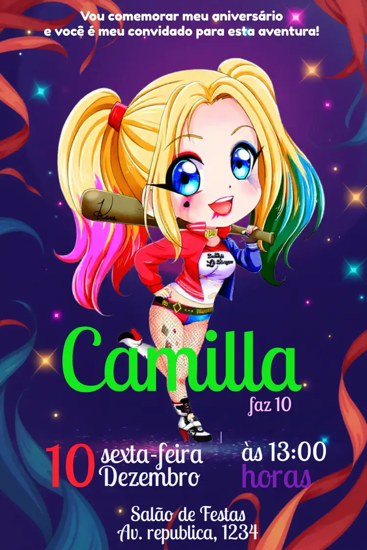 Convite Arlequina Rosa – tema Aniversário Infantil colorido, divertido, moderno, lúdico, temático