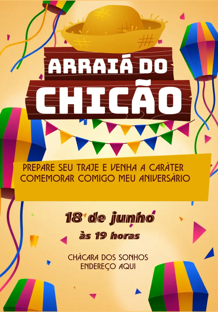 Convite Arraiá Banderolas – tema Aniversário caipira, vibrante, colorido, festivo, tradicional