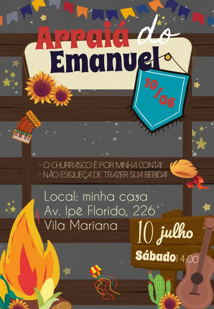 Convite Arraiá Caipira – tema Aniversário Infantil colorido, junino, rústico, temático, vibrante, cultural