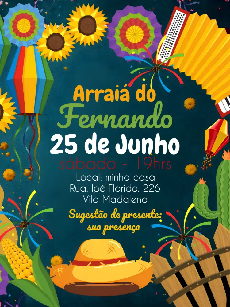 Convite Arraiá Colorido – tema Datas Comemorativas colorido, caipira, festivo, vibrante, tradicional, divertido